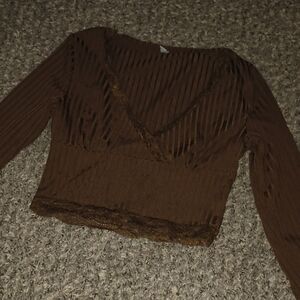 ROMWE Brown Wrap Ribbed Crop Blouse
